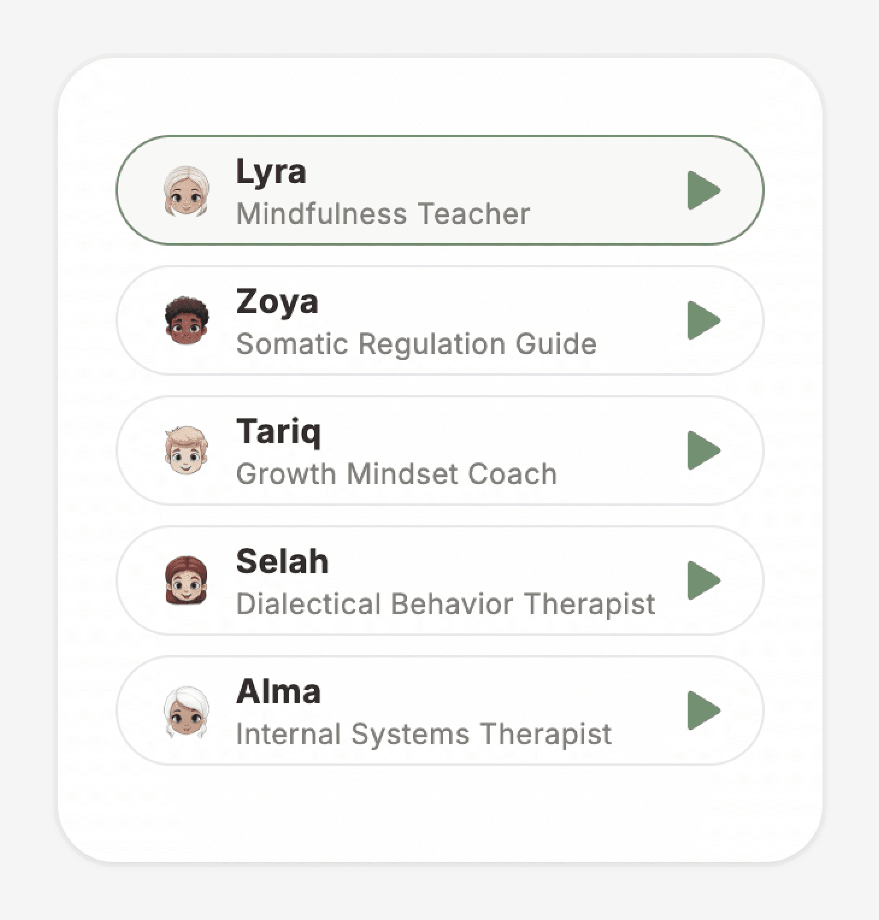 Voice selection screen showing 5 experts with roles like 'Mindfulness Teacher' and 'Growth Mindset Coach'