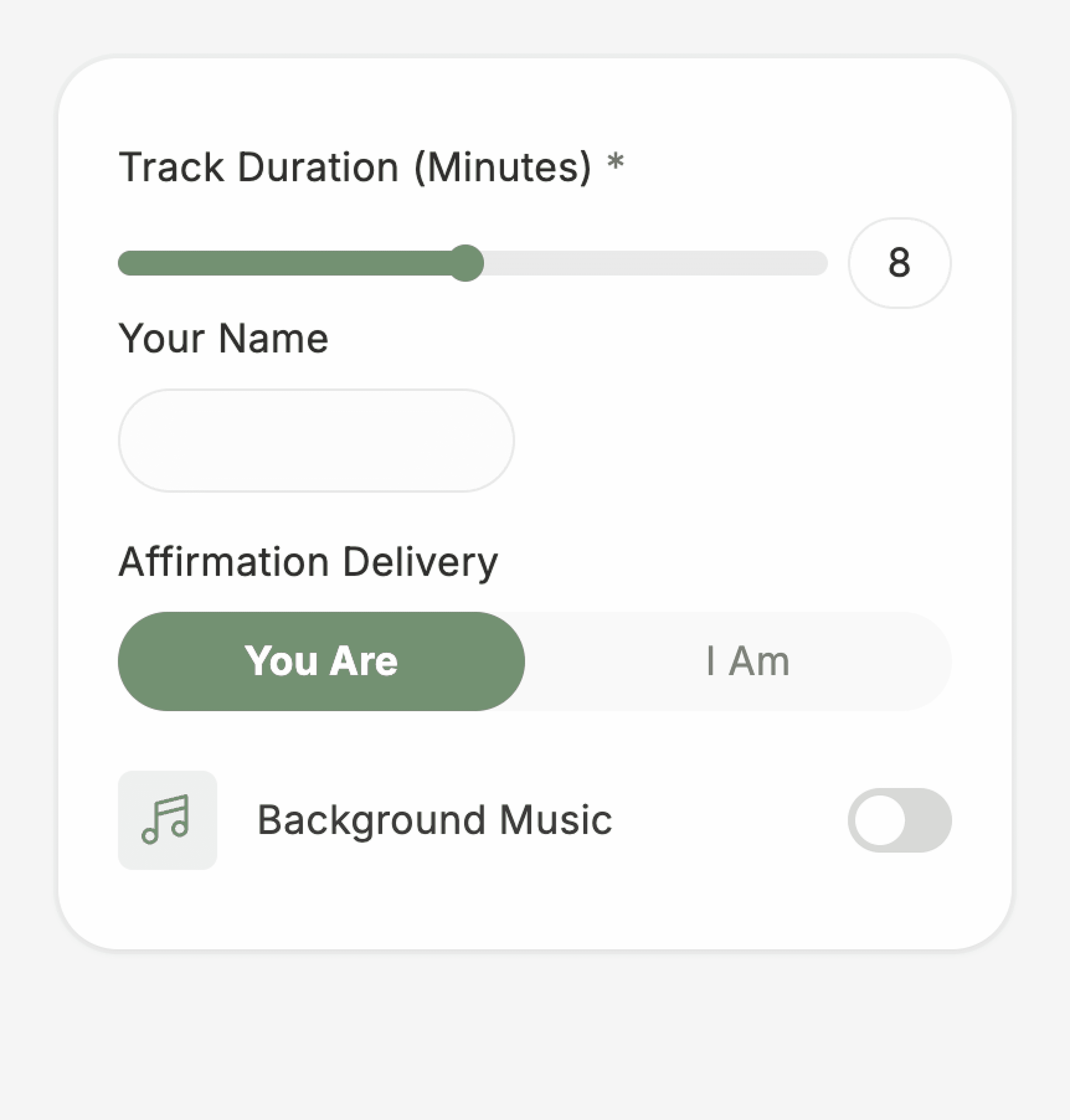 Customization panel with track duration slider, name input, affirmation delivery style, and music toggle